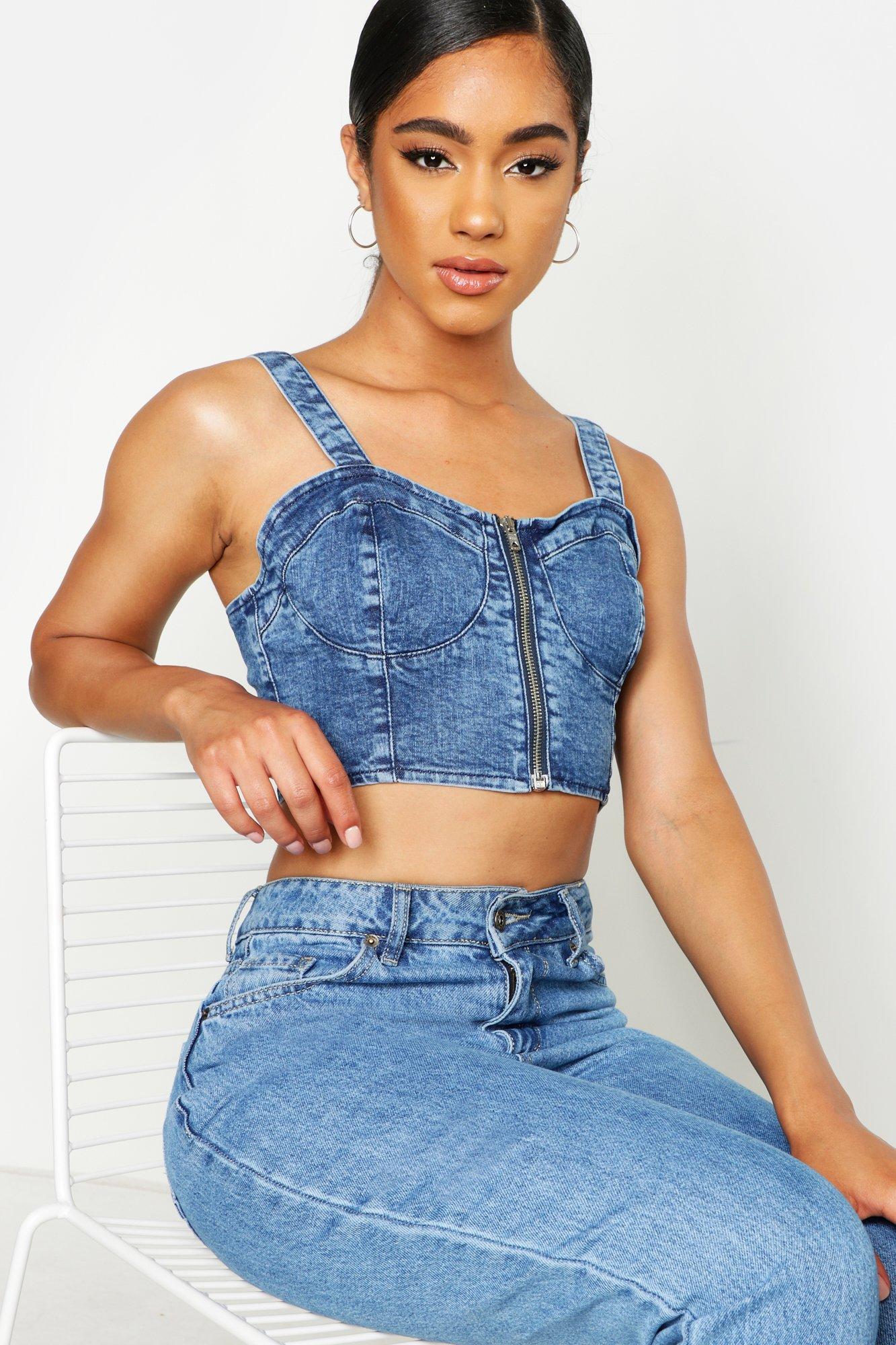 Denim Crop Zip Front Bralet